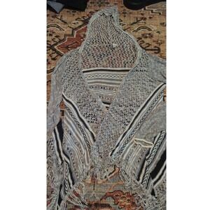 Vanity Womens Large Hooded Open Front Cardigan Fringe Boho Knit Grey‎ Black L